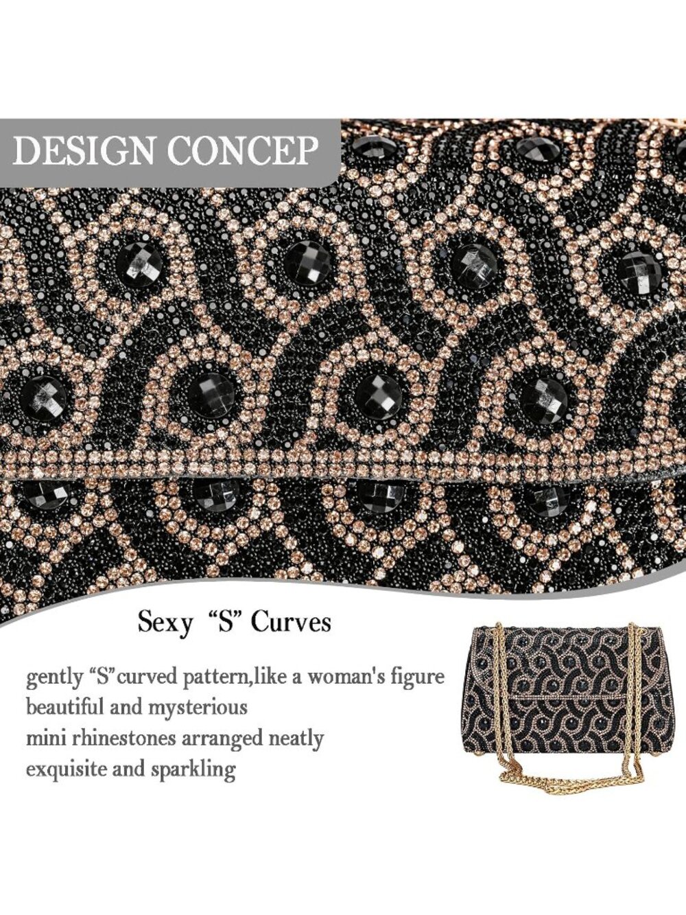 〽️Women's Black Crystals Rhinestone Chain Strap Square Flower Evening Handbags - Picture 6 of 6